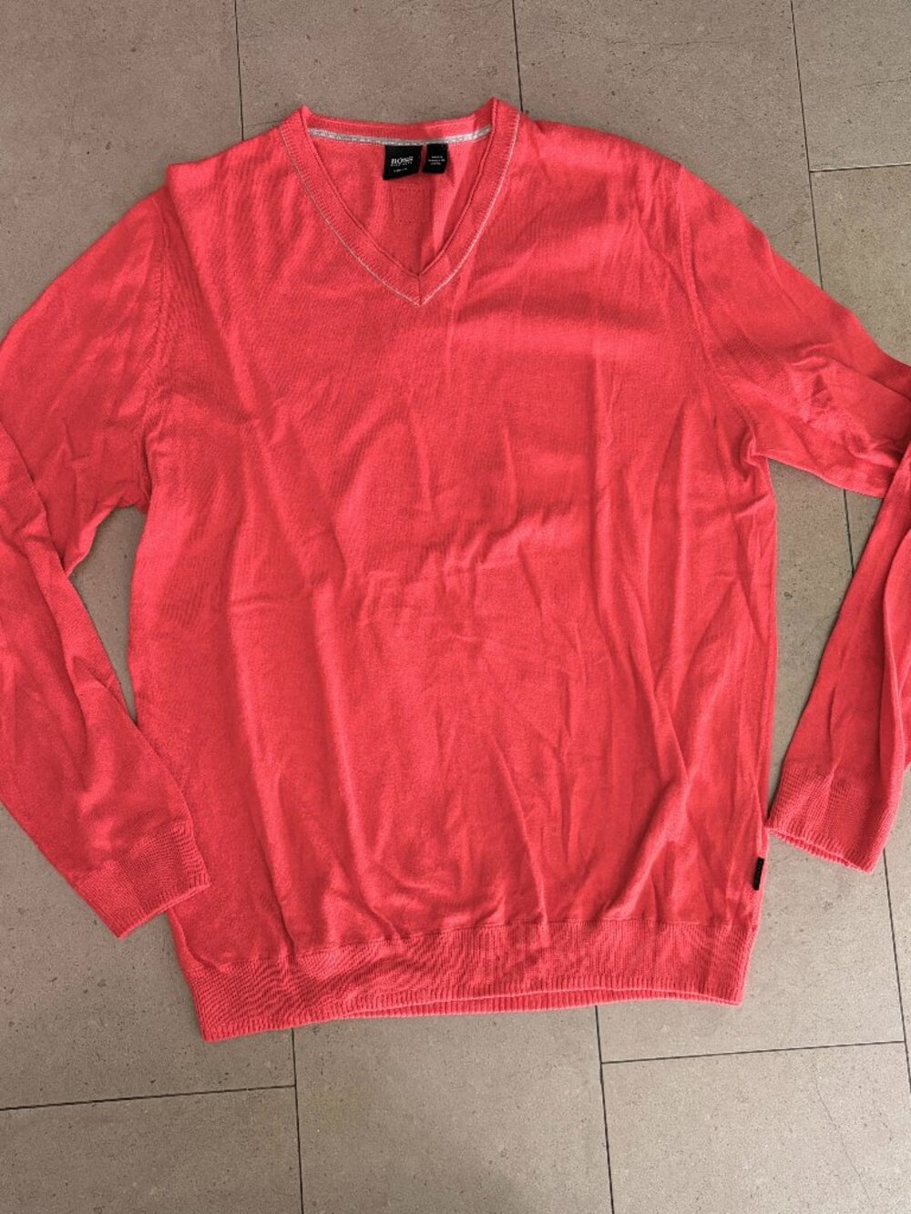 Hugo Boss Men's Salmon/Coral Vneck Cotton/Silk Blend Sweater-XL